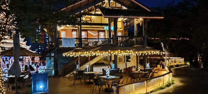Restaurant exterior at night